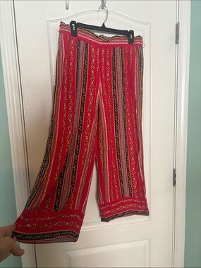 LOFT Red Boho Stripe Wide-Leg Pants, Sz S